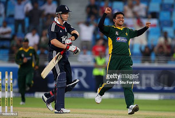 Pakistan bowler Yasir Arafat celebrates after bowling England batsman Joe Denly during the 2nd World Call T-20 Challenge match between Pakistan and...