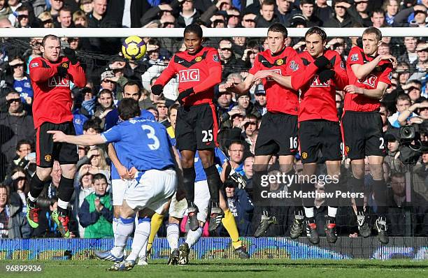 Leighton Baines of Everton takes a free-kick during the FA Barclays Premier League match between Everton and Manchester United at Goodison Park on...