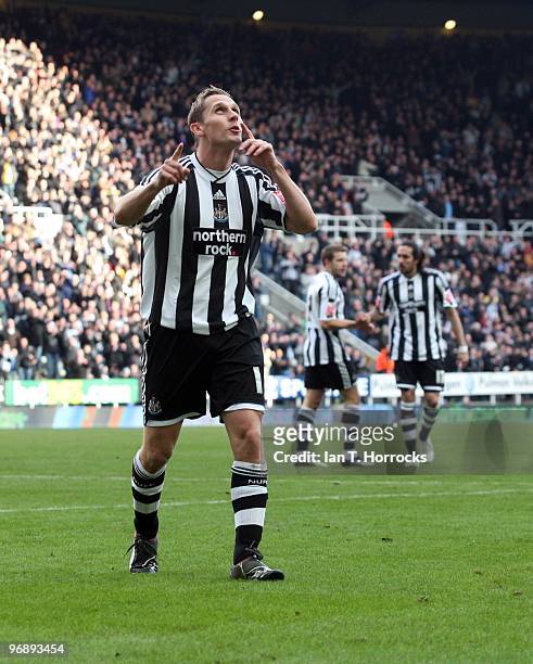 Peter Lovenkrands celebrates his cross/shot for the opening goal during the Coca-Cola championship match between Newcastle United and Preston North...