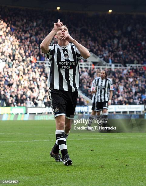 Peter Lovenkrands celebrates his cross/shot for the opening goal during the Coca-Cola championship match between Newcastle United and Preston North...