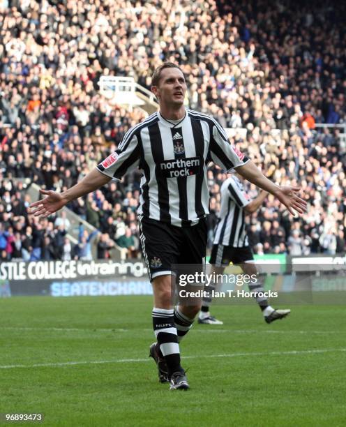 Peter Lovenkrands celebrates his cross/shot for the opening goal during the Coca-Cola championship match between Newcastle United and Preston North...