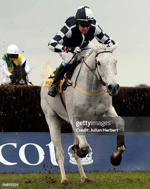 Barry Geraghty and Monets Garden pull away from the last fence before winning The Betfair Ascot Steeple chase Race run at Ascot Racecourse on...