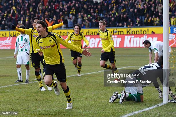 Neven Subotic of Dortmund celebrates scoring his teams first goal during the Bundesliga match between Borussia Dortmund and Hannover 96 at Signal...