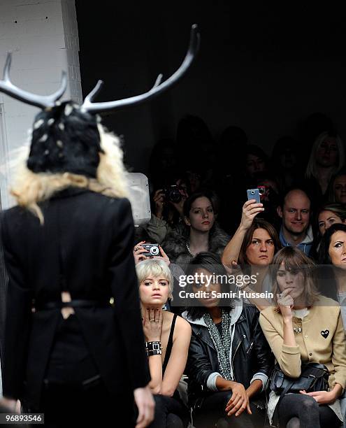 Pixie Geldof, Remi Nicole and Alexa Chung watch the Autumn/Winter 2010 Topshop Unique London Fashion Week at Topshop Show Space on February 20, 2010...