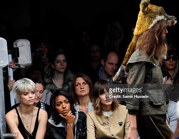 Pixie Geldof, Remi Nicole and Alexa Chung watch the Autumn/Winter 2010 Topshop Unique London Fashion Week at Topshop Show Space on February 20, 2010...