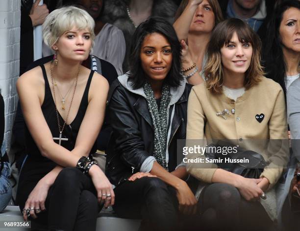 Pixie Geldof, Remi Nicole and Alexa Chung watch the Autumn/Winter 2010 Topshop Unique London Fashion Week at Topshop Show Space on February 20, 2010...