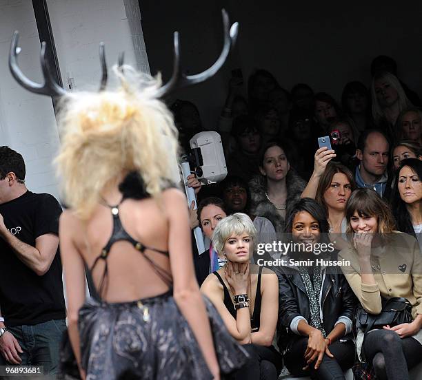 Pixie Geldof, Remi Nicole and Alexa Chung watch the Autumn/Winter 2010 Topshop Unique London Fashion Week at Topshop Show Space on February 20, 2010...