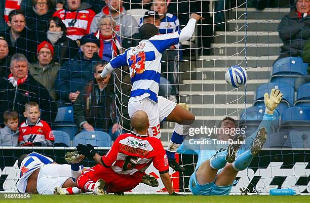 Antonio German of Queens Park Rangers scores the opening goal during the Coca-Cola Championship match between Queens Park Rangers and Doncaster...
