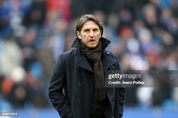 Head coach Bruno Labbadia of Hamburg looks on prior to the Bundesliga match between Hamburger SV and Eintracht Frankfurt at HSH Nordbank Arena on...