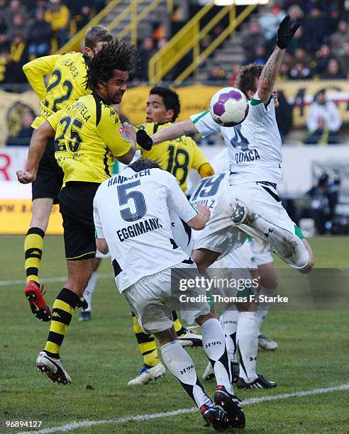 Mario Eggimann of Hannover scores a own goal during the Bundesliga match between Borussia Dortmund and Hannover 96 at Signal Iduna Park on February...