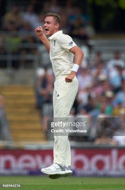 England bowler Stuart Broad celebrates taking a wicket during day one of the 2nd NatWest Test match between England and Pakistan at Headingley on...