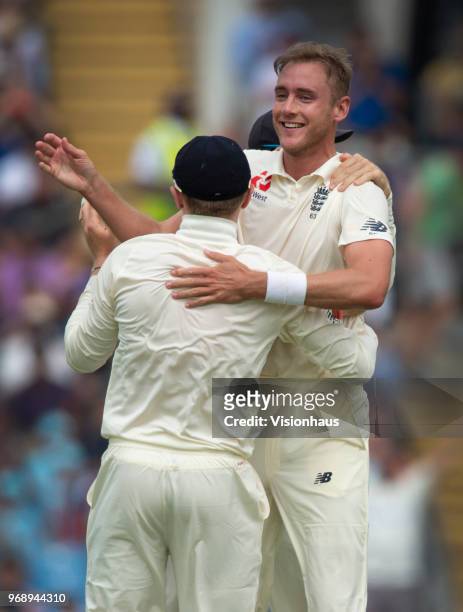 England bowler Stuart Broad celebrates with team mates after taking a wicket during day one of the 2nd NatWest Test match between England and...