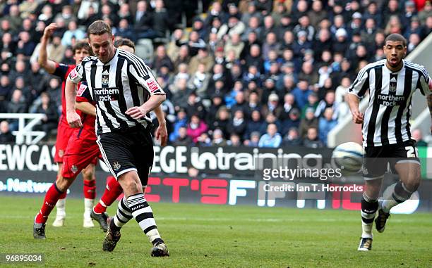 Kevin Nolan of Newcastle scores his team's second goal during the Coca-Cola championship match between Newcastle United and Preston North End at St...