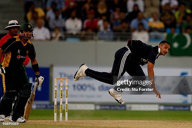 England bowler Ajmal Shahzad in action during the 2nd World Call T-20 Challenge match between Pakistan and England at Dubai International Stadium on...