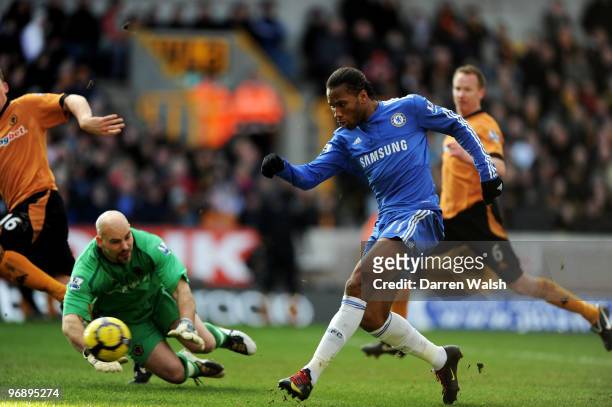 Didier Drogba of Chelsea shoots and socers the second goal of the game during the Barclays Premier League match between Wolverhampton Wanderers and...