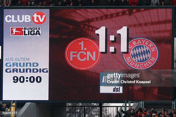 Screen shows the result of the match after the Bundesliga match between 1. FC Nuernberg and FC Bayern Muenchen at Easy Credit Stadium on February 20,...