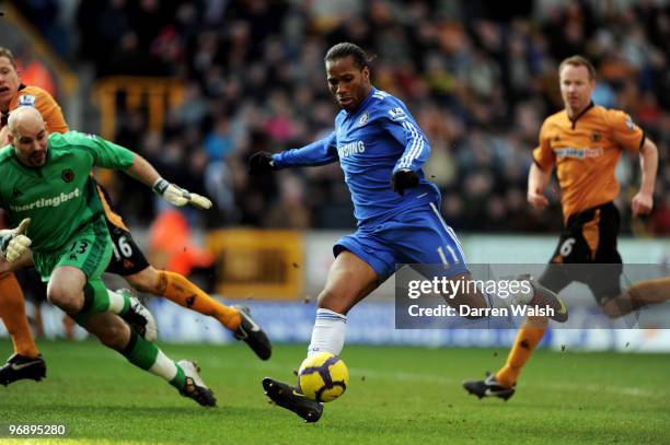 Didier Drogba of Chelsea shoots and socers the second goal of the game during the Barclays Premier League match between Wolverhampton Wanderers and...