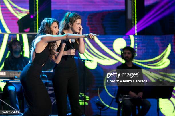 The contestants of OT 2017 Ana Guerra and Amaia perform during the "Operación Triunfo" concert at Auditorio on June 1, 2018 in Malaga, Spain.