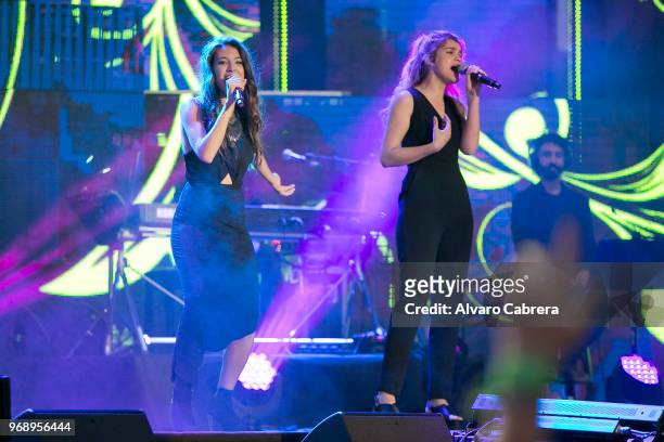 The contestants of OT 2017 Ana Guerra and Amaia perform during the "Operación Triunfo" concert at Auditorio on June 1, 2018 in Malaga, Spain.