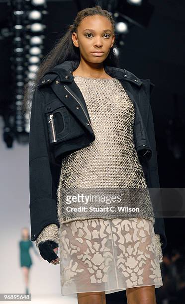 Model walks down the catwalk at the Emilio De La Morena show during London Fashion Week on February 20, 2010 in London, England.