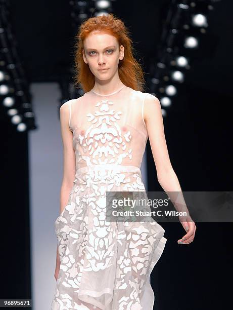 Model walks down the catwalk at the Emilio De La Morena show during London Fashion Week on February 20, 2010 in London, England.