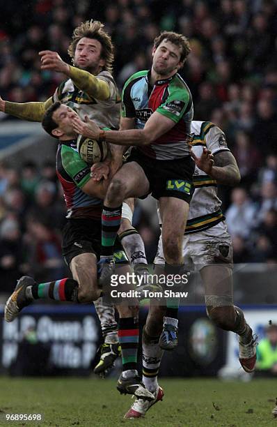 Tom Evans of Quins jumps to catch the ball during the Guinness Premiership match between Harlequins and Northampton Saints at The Stoop on February...