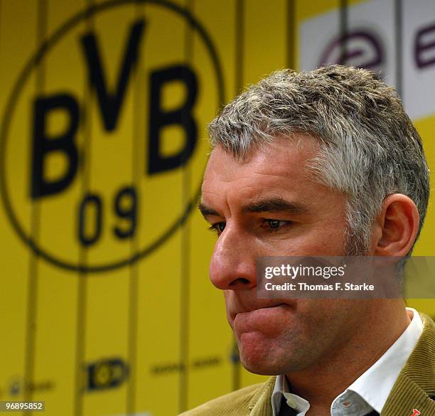 Head coach Mirko Slomka of Hannover looks dejected during the press conference after the Bundesliga match between Borussia Dortmund and Hannover 96...