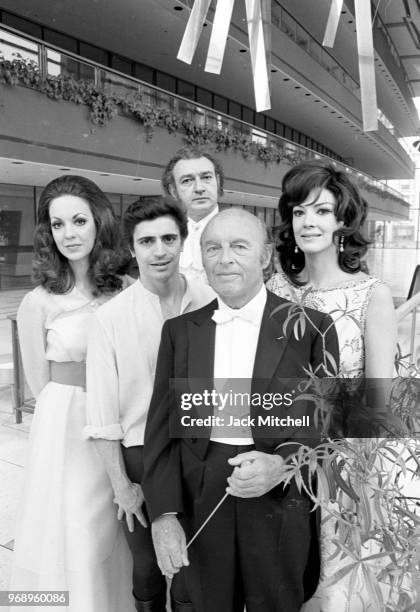 Conductor Andre Kostelanetz, Anna Moffo, Gail Robinson, Edward Villella before a performance of Promenades, April 16, 1971.