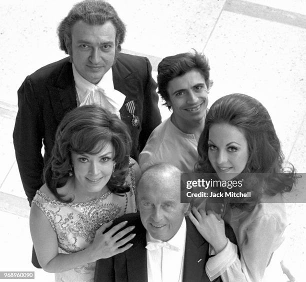 Conductor Andre Kostelanetz, Anna Moffo, Gail Robinson, Edward Villella before a performance of Promenades, April 16, 1971.