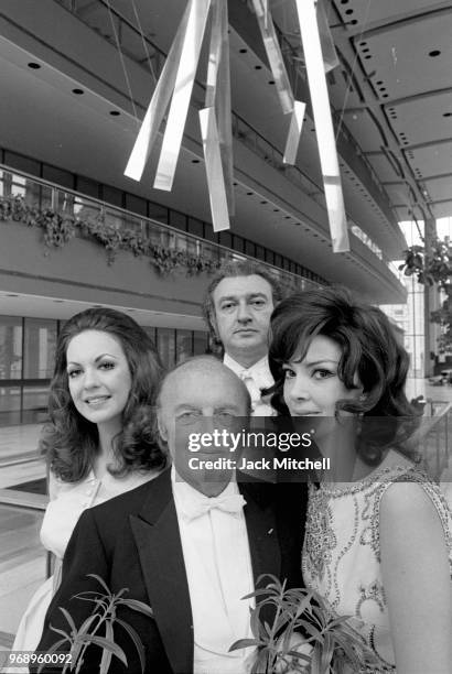 Conductor Andre Kostelanetz, Anna Moffo, Gail Robinson, Edward Villella before a performance of Promenades, April 16, 1971.