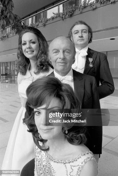 Conductor Andre Kostelanetz, Anna Moffo, Gail Robinson, Edward Villella before a performance of Promenades, April 16, 1971.