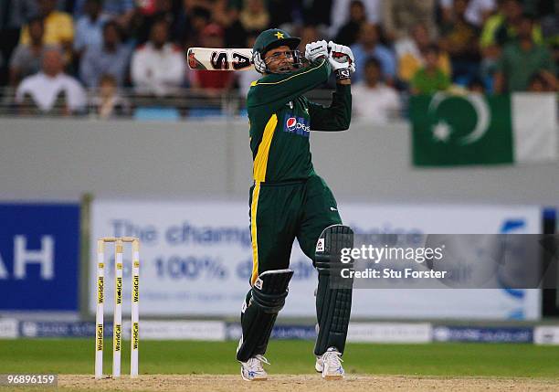 Pakistan batsman Abdur Razzaq hits a six during the 2nd World Call T-20 Challenge match between Pakistan and England at Dubai International Stadium...