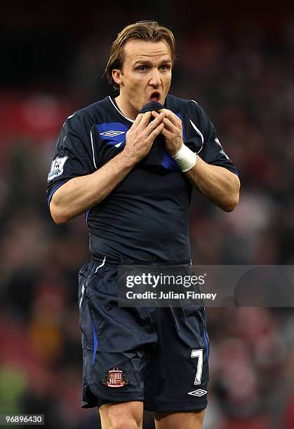 Boudewijn Zenden of Sunderland looks on after the Barclays Premier League match between Arsenal and Sunderland at the Emirates Stadium on February...