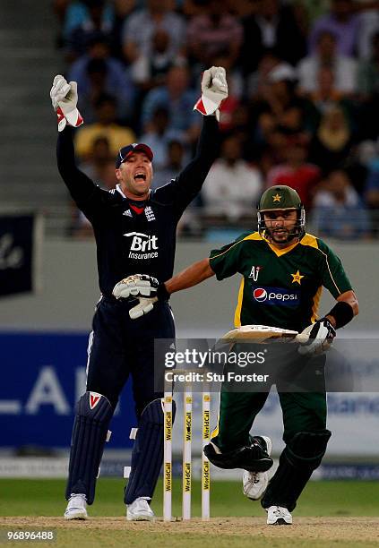 England wicketkeeper Matt Prior appeals against Pakistan batsman Shahid Afridi during the 2nd World Call T-20 Challenge match between Pakistan and...