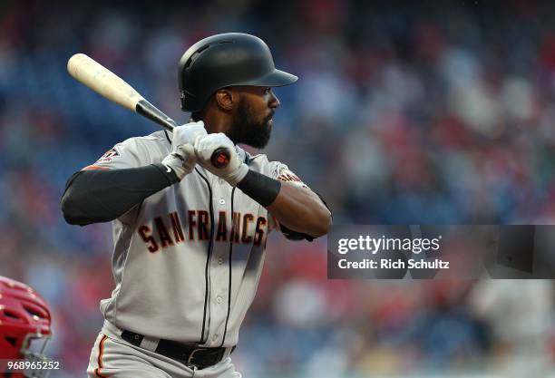 Austin Jackson of the San Francisco Giants in action against the Philadelphia Phillies during a game at Citizens Bank Park on May 8, 2018 in...