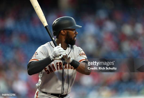 Austin Jackson of the San Francisco Giants in action against the Philadelphia Phillies during a game at Citizens Bank Park on May 8, 2018 in...