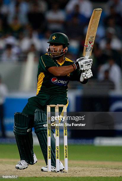 Pakistan batsman Umar Akmal in action during the 2nd World Call T-20 Challenge match between Pakistan and England at Dubai International Stadium on...