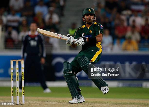 Pakistan batsman Umar Akmal in action during the 2nd World Call T-20 Challenge match between Pakistan and England at Dubai International Stadium on...