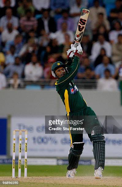 Pakistan batsman Abdur Razzaq hits a six during the 2nd World Call T-20 Challenge match between Pakistan and England at Dubai International Stadium...