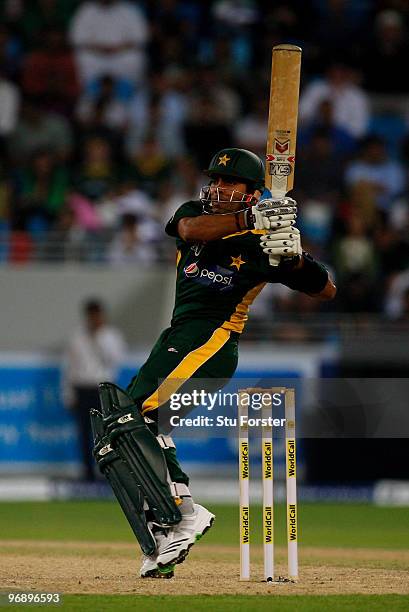 Pakistan batsman Umar Akmal in action during the 2nd World Call T-20 Challenge match between Pakistan and England at Dubai International Stadium on...