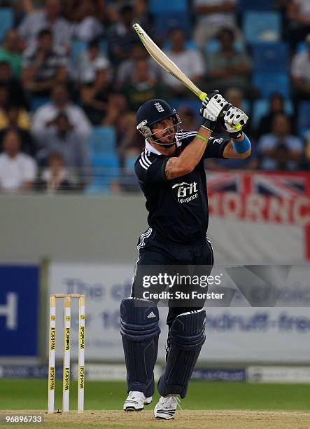 England batsman Kevin Pietersen hits six runs during the 2nd World Call T-20 Challenge match between Pakistan and England at Dubai International...