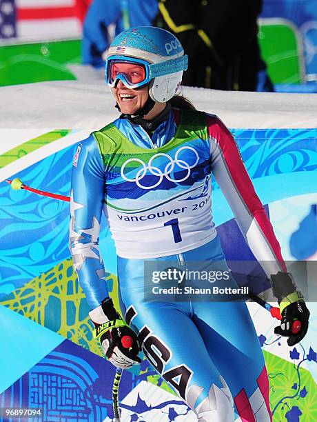 Julia Mancuso of the United States looks on after competing in the women's alpine skiing Super-G on day nine of the Vancouver 2010 Winter Olympics at...