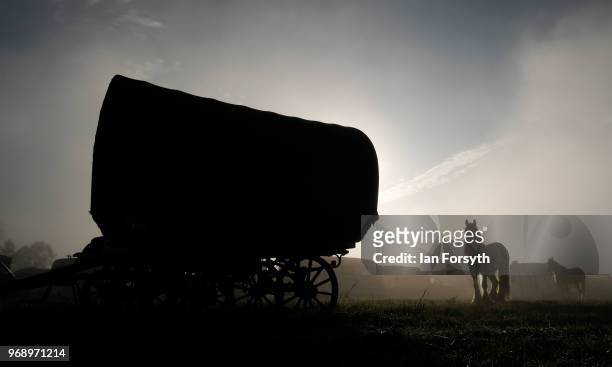 Horse and traditional bow top caravan are surrounded by early morning fog in a campsite on the first day of the Appleby Horse Fair on June 7, 2018 in...