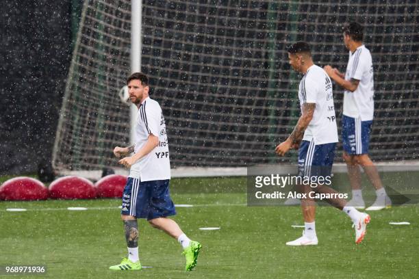 Lionel Messi of Argentina takes part in a training session as part of the team preparation for FIFA World Cup Russia 2018 at FC Barcelona 'Joan...