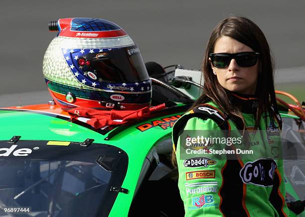 Danica Patrick, driver of the of the GoDaddy.com Chevrolet, looks on from pit road during qualifying for the NASCAR Nationwide Series Stater Bros....