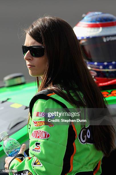 Danica Patrick, driver of the of the GoDaddy.com Chevrolet, looks on from pit road during qualifying for the NASCAR Nationwide Series Stater Bros....