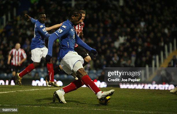 Frederick Piquionne of Portsmouth scores the opening goal of the match during the Barclays Premier League match between Portsmouth and Sunderland at...