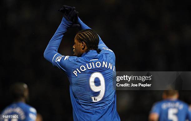 Frederick Piquionne of Portsmouth celebrates scoring the opening goal of the match during the Barclays Premier League match between Portsmouth and...