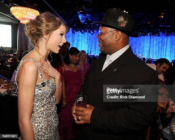 Singer Taylor Swift and producer Jimmy Jam attend the 52nd Annual GRAMMY Awards - Salute To Icons Honoring Doug Morris held at The Beverly Hilton...