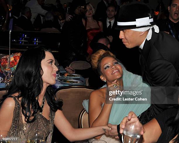 Singers Katy Perry, Rihanna, and Taboo during the 52nd Annual GRAMMY Awards - Salute To Icons Honoring Doug Morris held at The Beverly Hilton Hotel...